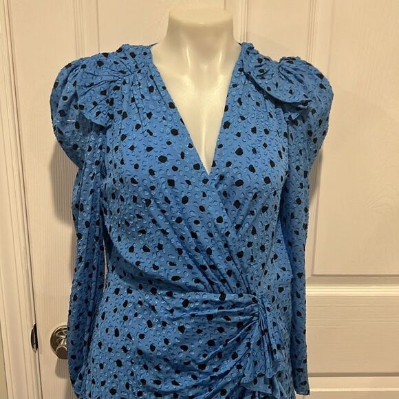 Rebecca Taylor nova dot clip long sleeve wrap dress in blue silk blend size 6 - Picture 7 of 13